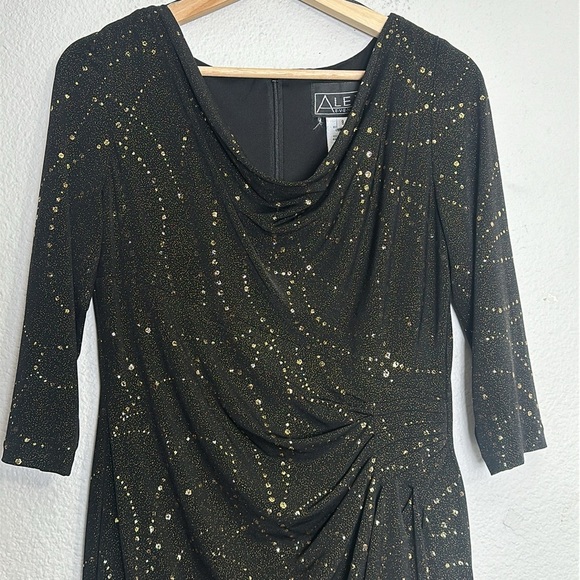Alex Evenings Women’s Size 8 Black Gold 3/4 Sleeve Midi Knee Length Dress - Picture 4 of 13